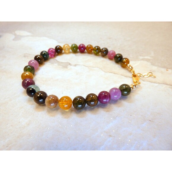 Natural Watermelon Tourmaline - 6mm Gold Beaded Bracelet  Colorful Gemstones - Picture 1 of 6